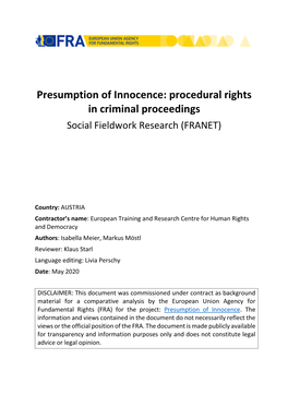 Presumption of Innocence: Procedural Rights in Criminal Proceedings Social Fieldwork Research (FRANET)