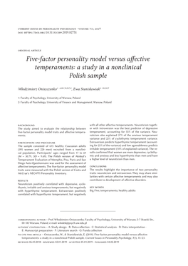 Five-Factor Personality Model Versus Affective Temperaments: a Study in a Nonclinical Polish Sample