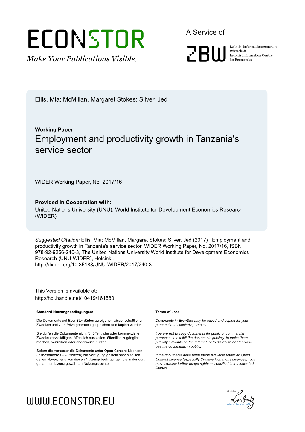 Employment and Productivity Growth in Tanzania's Service Sector