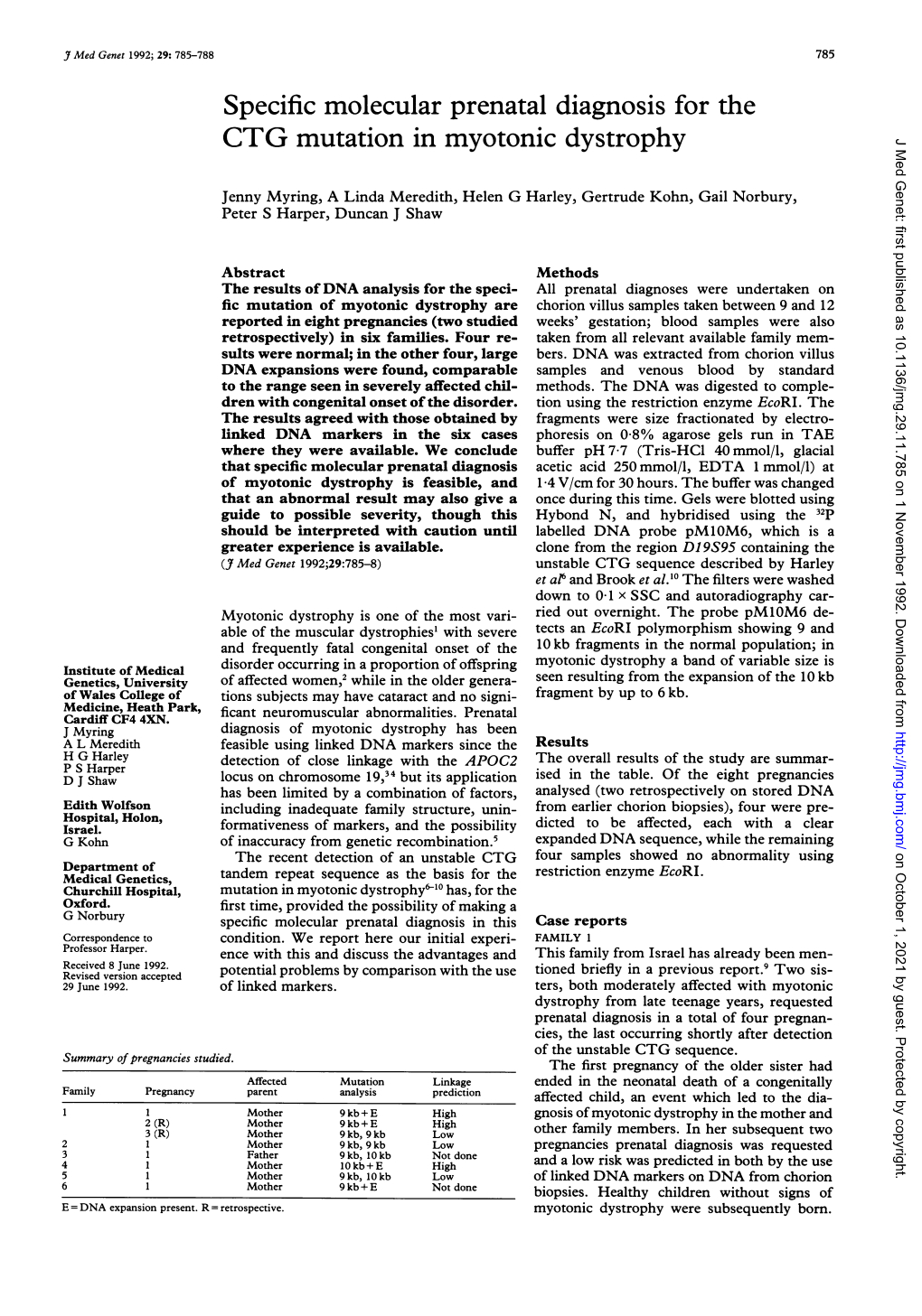 Specific Molecular Prenatal Diagnosis for the CTG Mutation in Myotonic Dystrophy 787