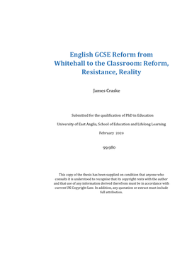 English GCSE Reform from Whitehall to the Classroom: Reform, Resistance, Reality