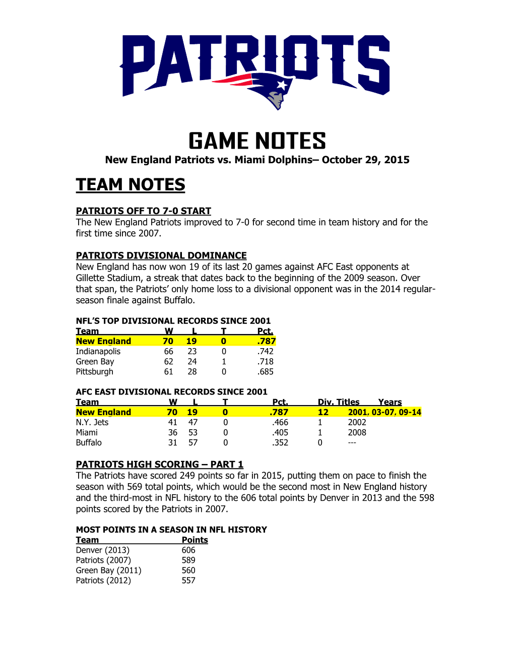 Patriots at Philadelphia Game Notes