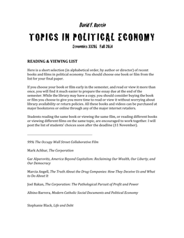 TOPICS in POLITICAL ECONOMY !Economics 33201 Fall 2014