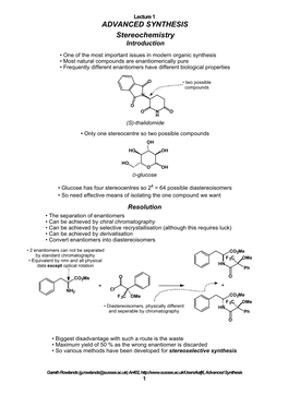 ADVANCED SYNTHESIS Stereochemistry Introduction