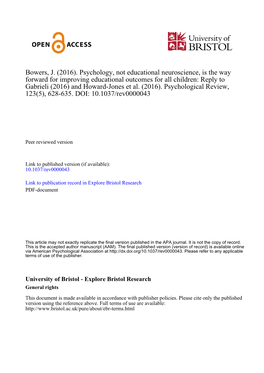 Psychology, Not Educational Neuroscience, Is the Way Forward for Improving Educational Outcomes for All Children: Reply to Gabrieli (2016) and Howard-Jones Et Al