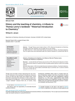 History and the Teaching of Chemistry. a Tribute to Thomas Lowry's Textbook
