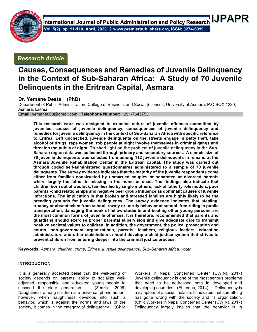 Causes, Consequences and Remedies of Juvenile Delinquency in the Context of Sub-Saharan Africa: a Study of 70 Juvenile Delinquents in the Eritrean Capital, Asmara