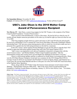 USC's Jake Olson Is the 2018 Walter Camp Award of Perseverance