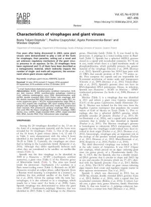 Characteristics of Virophages and Giant Viruses Beata Tokarz-Deptuła1*, Paulina Czupryńska2, Agata Poniewierska-Baran1 and Wiesław Deptuła2