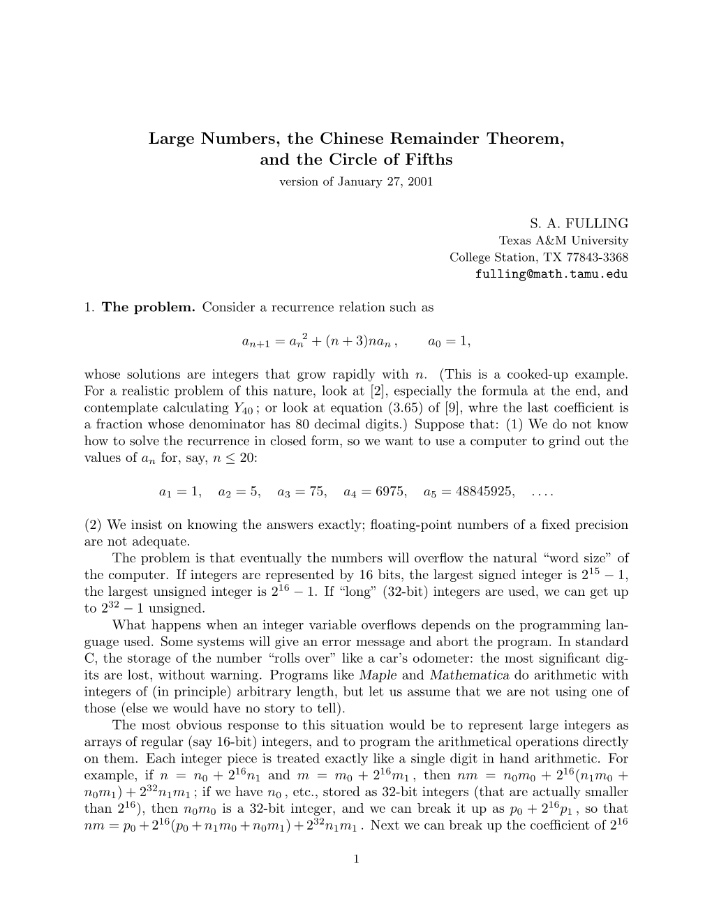 Large Numbers, the Chinese Remainder Theorem, and the Circle of Fifths Version of January 27, 2001