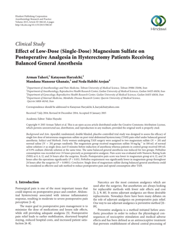 Effect of Low-Dose (Single-Dose) Magnesium Sulfate on Postoperative Analgesia in Hysterectomy Patients Receiving Balanced General Anesthesia