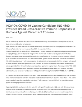 INOVIO's COVID-19 Vaccine Candidate, INO-4800, Provides Broad Cross-Reactive Immune Responses in Humans Against Variants of Concern