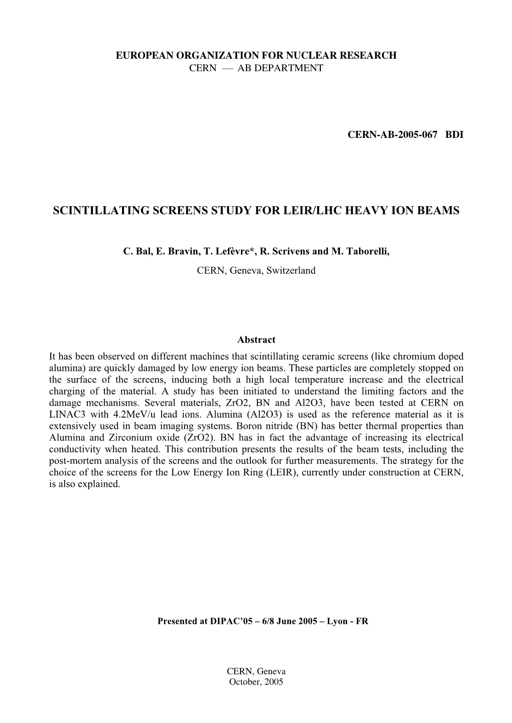 Scintillating Screens Study for Leir/Lhc Heavy Ion Beams