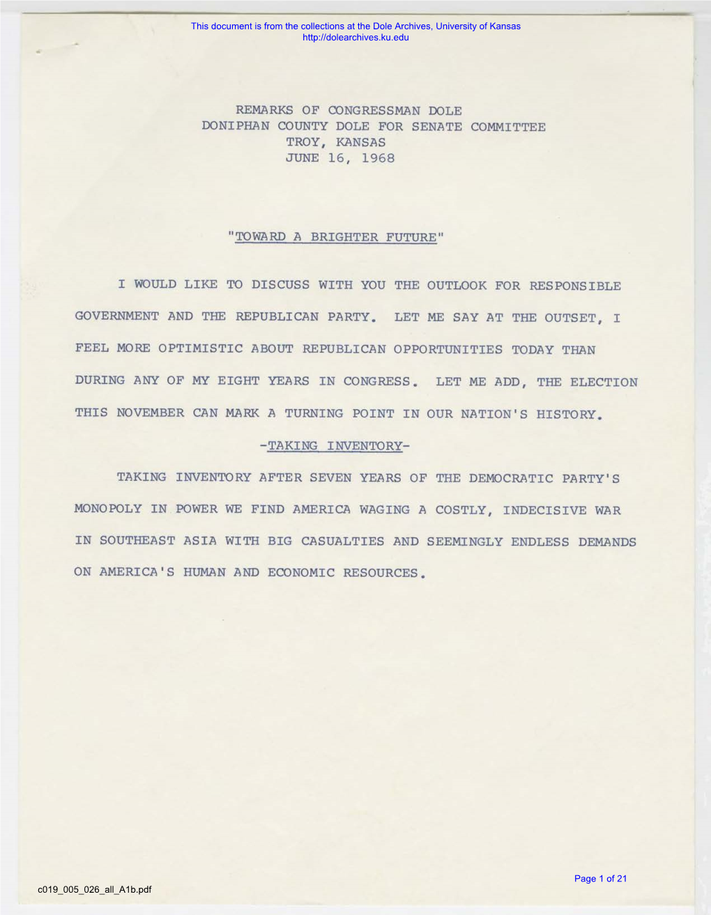 Remarks of Congressman Dole Doniphan County Dole for Senate Committee Troy, Kansas June 16, 1968