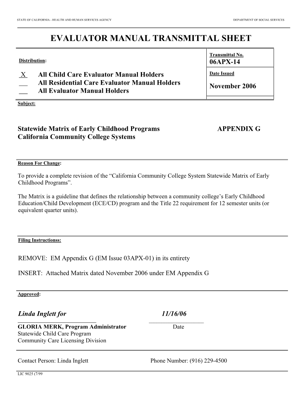 Evaluator Manual Transmittal Sheet