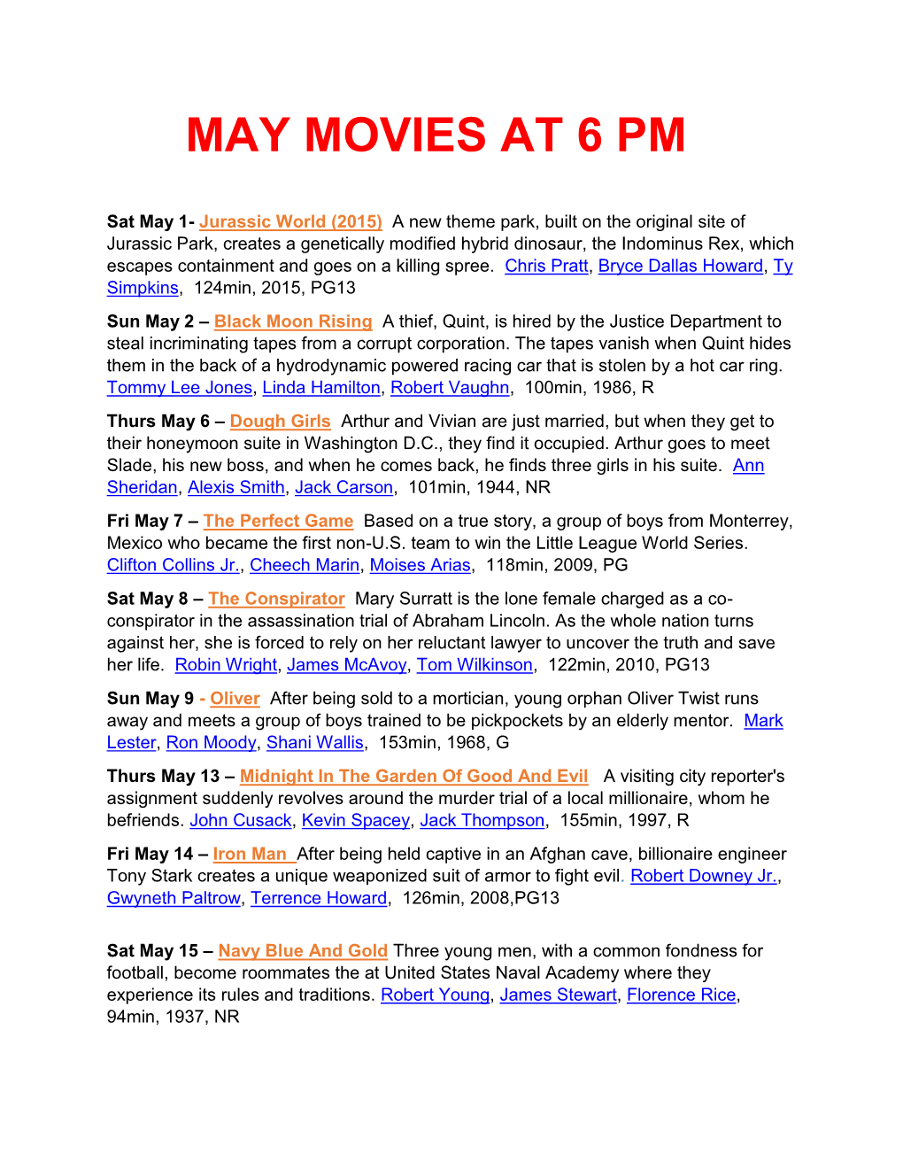 May Movies at 6 Pm