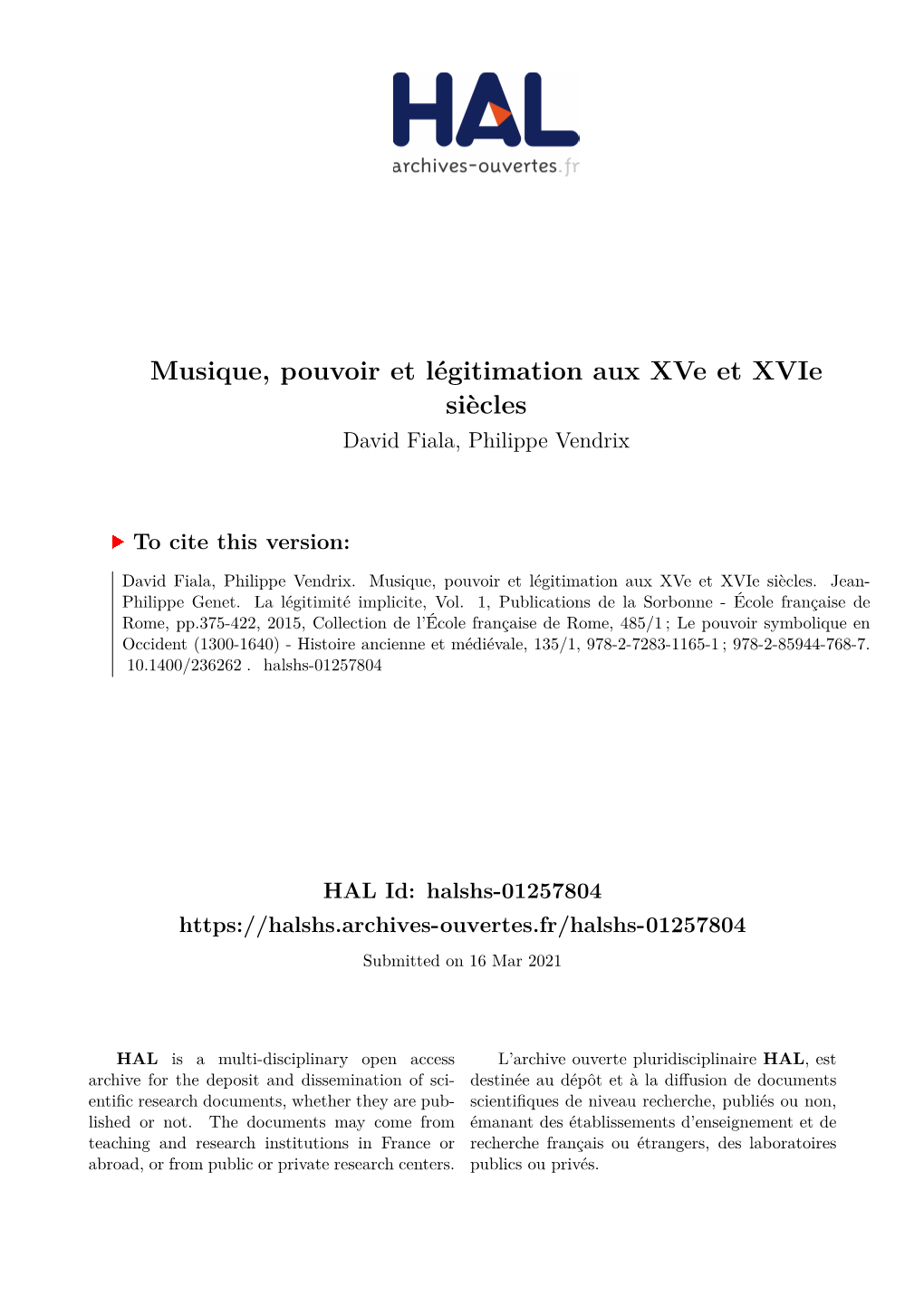 Musique, Pouvoir Et Légitimation Aux Xve Et Xvie Siècles David Fiala, Philippe Vendrix