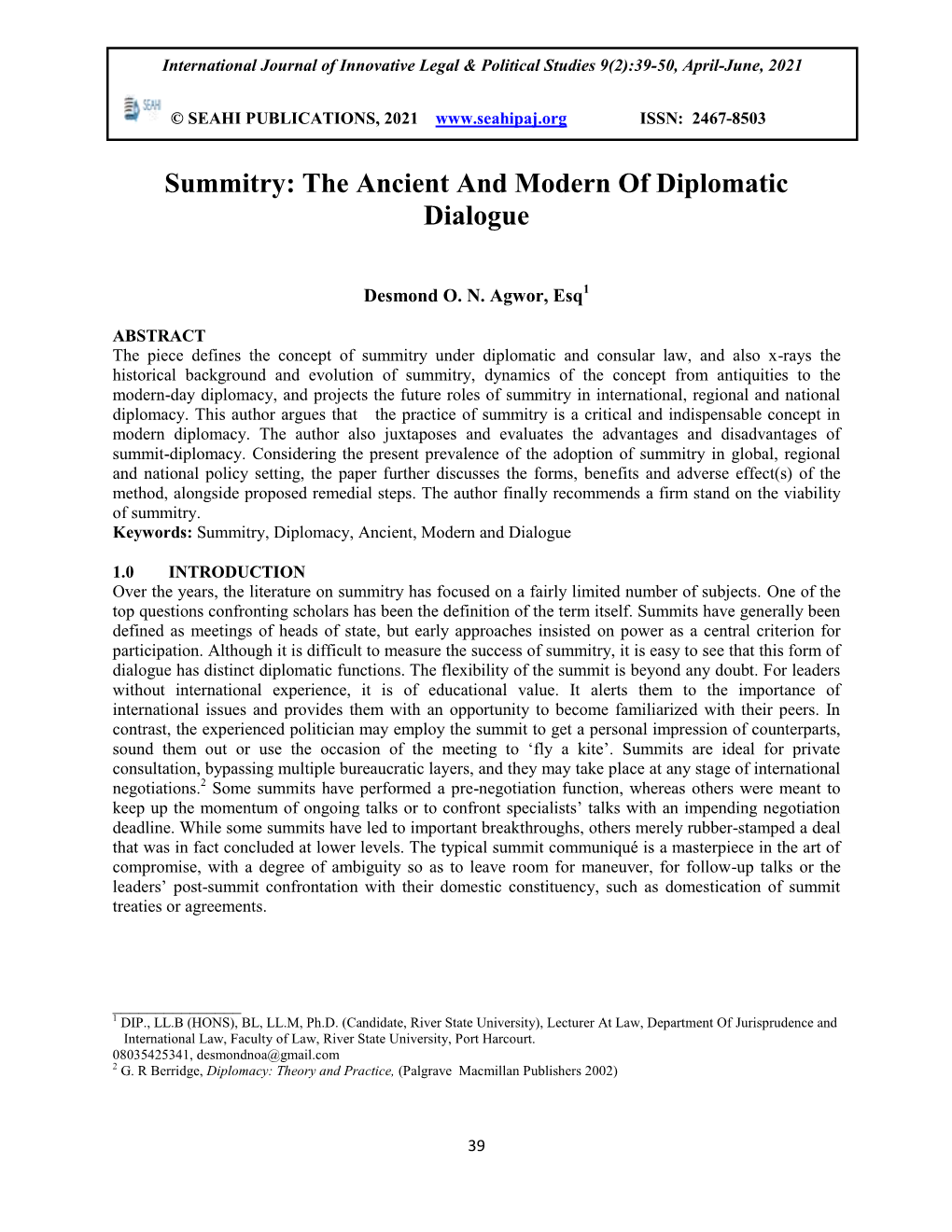 Summitry: the Ancient and Modern of Diplomatic Dialogue