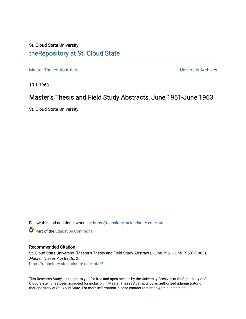 Master's Thesis and Field Study Abstracts, June 1961-June 1963