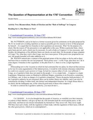 The Question of Representation at the 1787 Convention