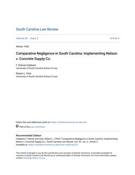Comparative Negligence in South Carolina: Implementing Nelson V