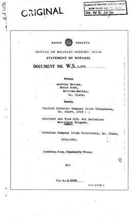 ROINN COSANTA. BUREAU of MILITARY HISTORY, 1913-21. STATEMENT by WITNESS. DOCUMENT NO. W.S. 1,076 Witness Anthony Malone, Ennia