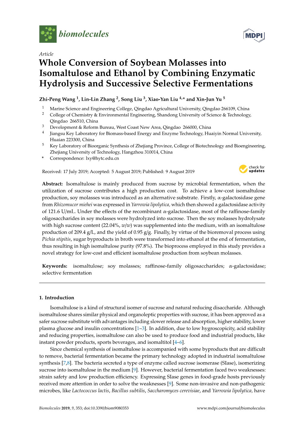 Whole Conversion of Soybean Molasses Into Isomaltulose and Ethanol by Combining Enzymatic Hydrolysis and Successive Selective Fermentations