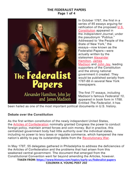 THE FEDERALIST PAPERS Page 1 of 4 Debate Over the Constitution