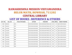 Ramakrishna Mission Vidyamandira Belur Math, Howrah, 711202 Central Library List of Books : Reference & Others Acc