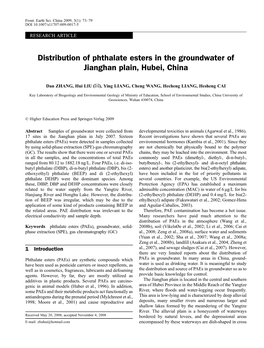 Distribution of Phthalate Esters in the Groundwater of Jianghan Plain, Hubei, China