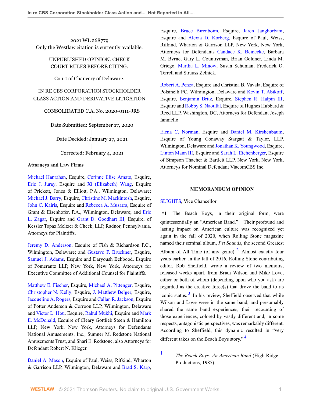 © 2021 Thomson Reuters. No Claim to Original U.S. Government Works. 1 in Re CBS Corporation Stockholder Class Action And..., Not Reported in Atl