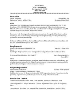 Education Employment Project Experience Production Details