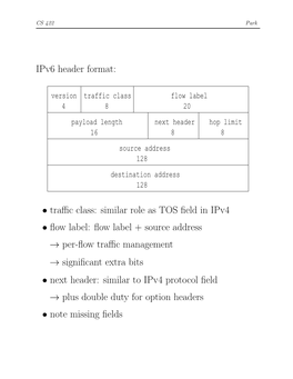 Ipv6 Header Format: • Traffic Class: Similar Role As TOS Field in Ipv4