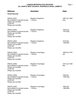 LONDON METROPOLITAN ARCHIVES ALL SAINTS, WEST DULWICH: ROSENDALE ROAD, LAMBETH P85/ALL3 Page 1 Reference Description Dates Paris