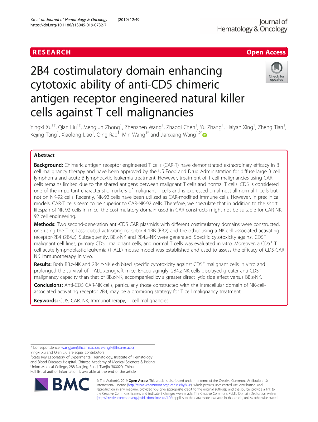 2B4 Costimulatory Domain Enhancing Cytotoxic Ability of Anti-CD5