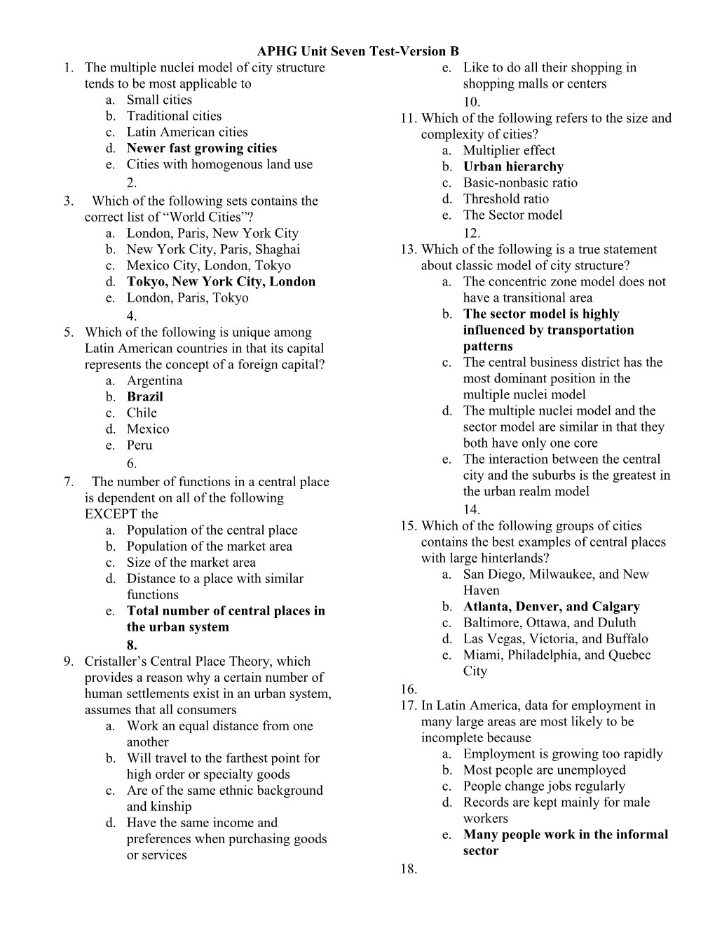 APHG Unit Seven Test-Version B