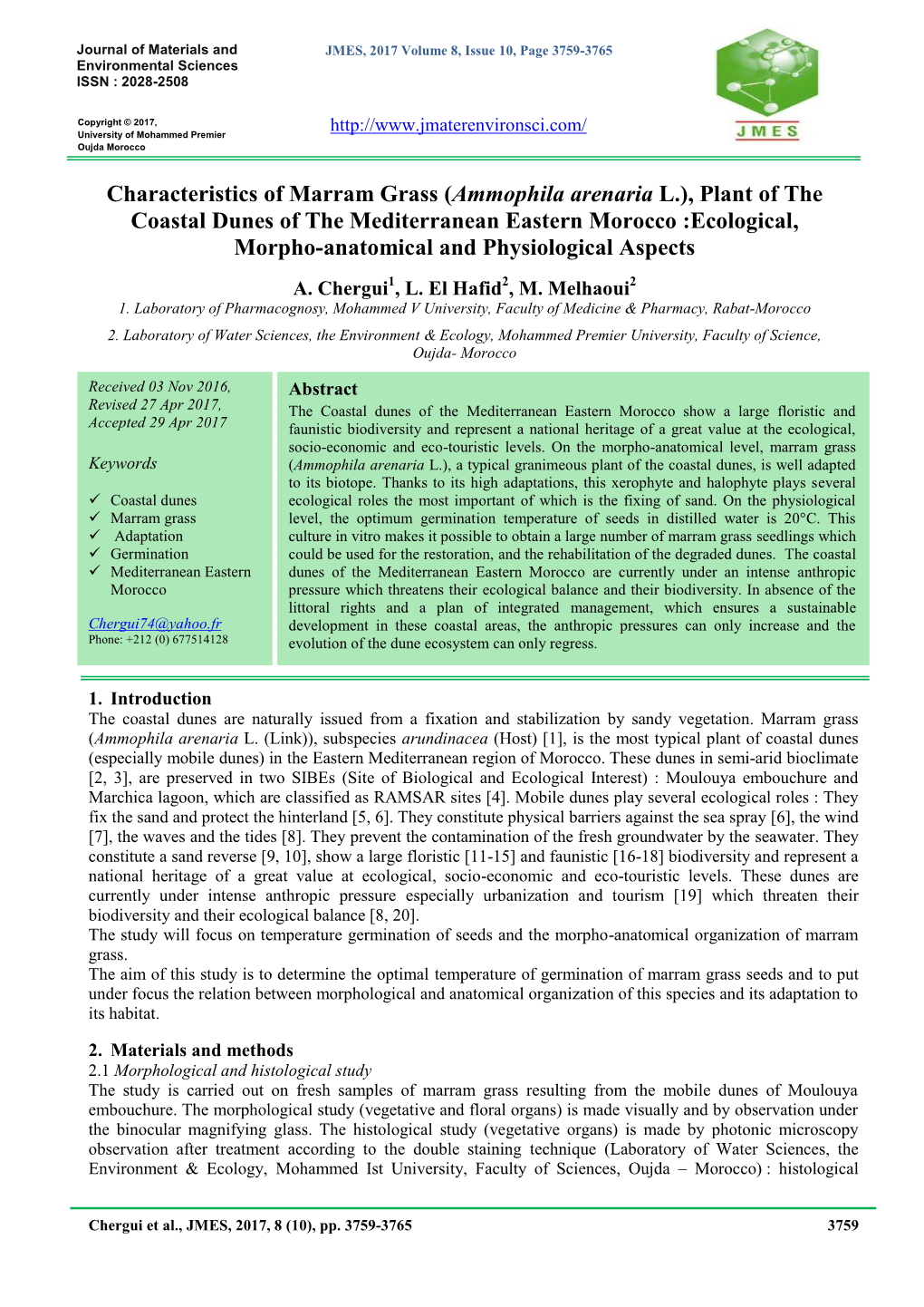 Characteristics of Marram Grass (Ammophila Arenaria L.), Plant Of