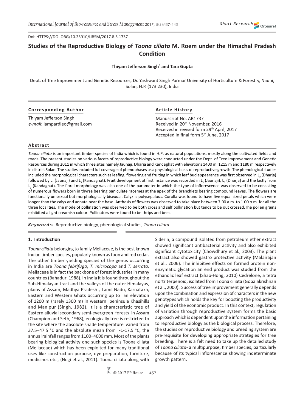 Studies of the Reproductive Biology of Toona Ciliata M. Roem Under the Himachal Pradesh Condition