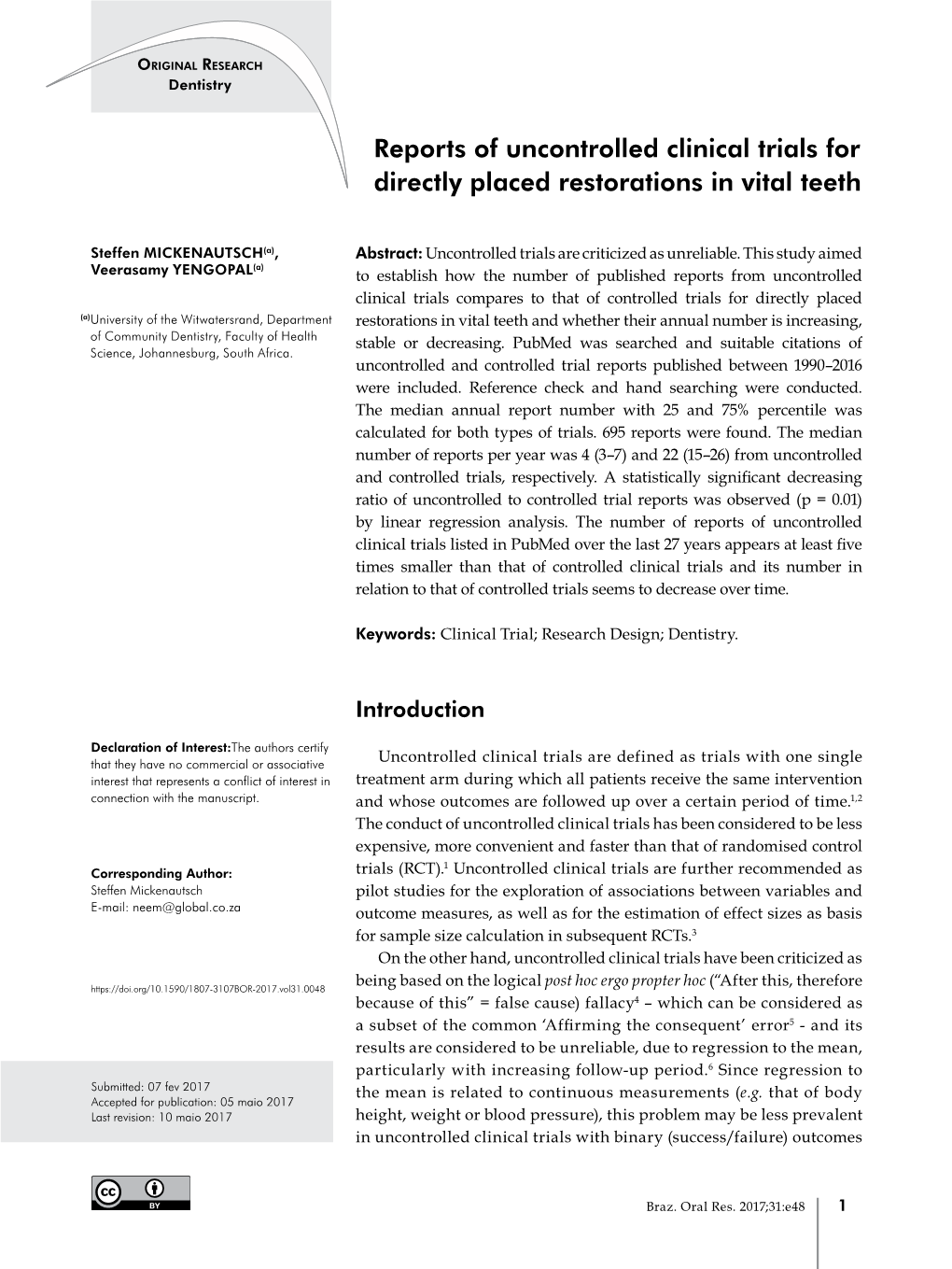 Reports of Uncontrolled Clinical Trials for Directly Placed Restorations in Vital Teeth