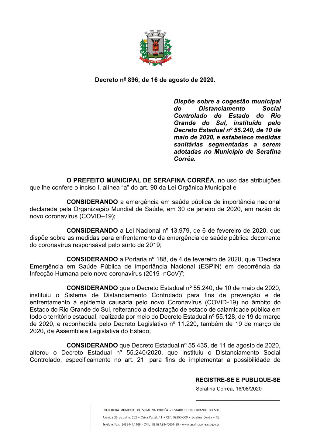 Decreto Municipal Nº 896, De 16 De Agosto De 2020