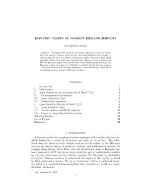 ISOMETRY GROUPS of COMPACT RIEMANN SURFACES Contents 1