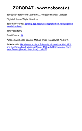 Redelimitation of the Subfamily Micronetinae HULL, 1920 and the Genus Lepthyphantes MENGE, 1866 with Descriptions of Some New Genera (Aranei, Linyphiidae)