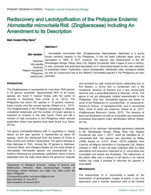 Hornstedtia Microcheila Ridl. (Zingiberaceae) Including an Amendment to Its Description