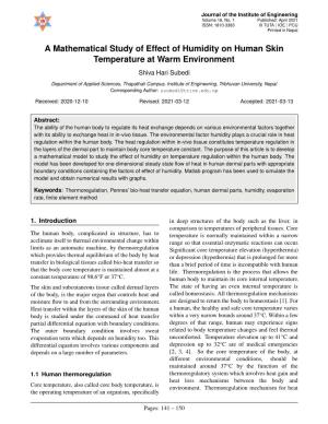 A Mathematical Study of Effect of Humidity on Human Skin Temperature at Warm Environment Shiva Hari Subedi