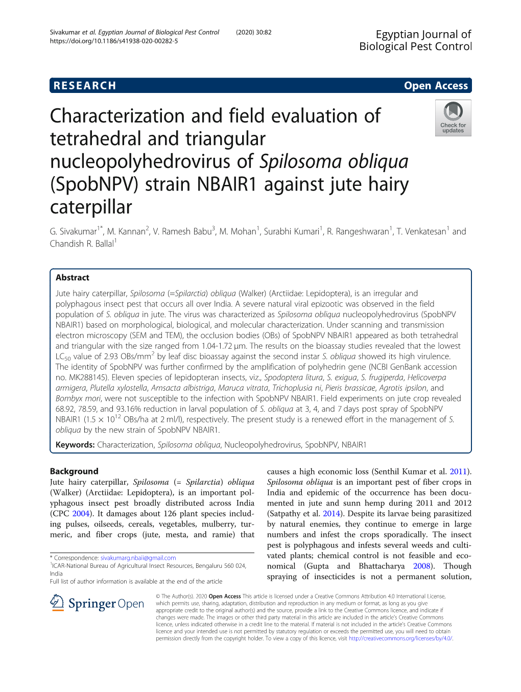 Spobnpv) Strain NBAIR1 Against Jute Hairy Caterpillar G