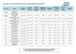 Pharmacy Christmas and New Year Bank Holiday Opening 2016/17