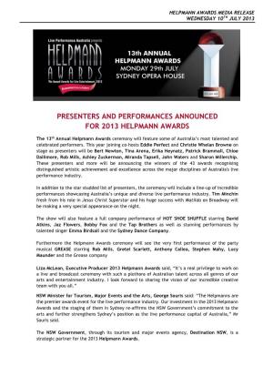 Presenters and Performances Announced for 2013 Helpmann Awards