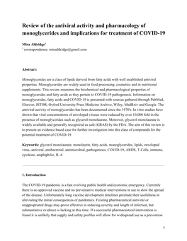 Review of the Antiviral Activity and Pharmacology of Monoglycerides and Implications for Treatment of COVID-19