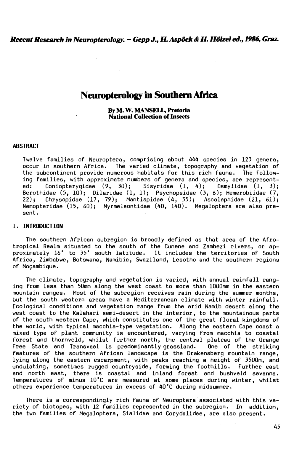 Neuropteroiogy in Southern Africa by M