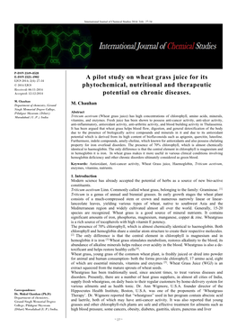 A Pilot Study on Wheat Grass Juice for Its Phytochemical, Nutritional And